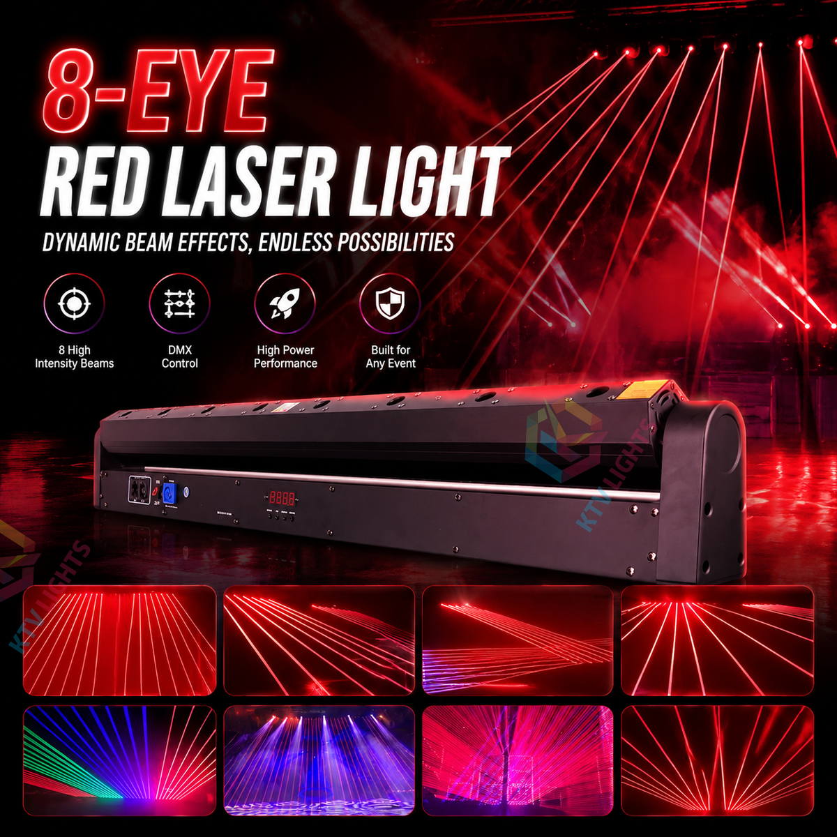 KTVLIGHTS 8-Hole Red Laser Light – DJ Stage Beam Effect Light – DMX512-B4