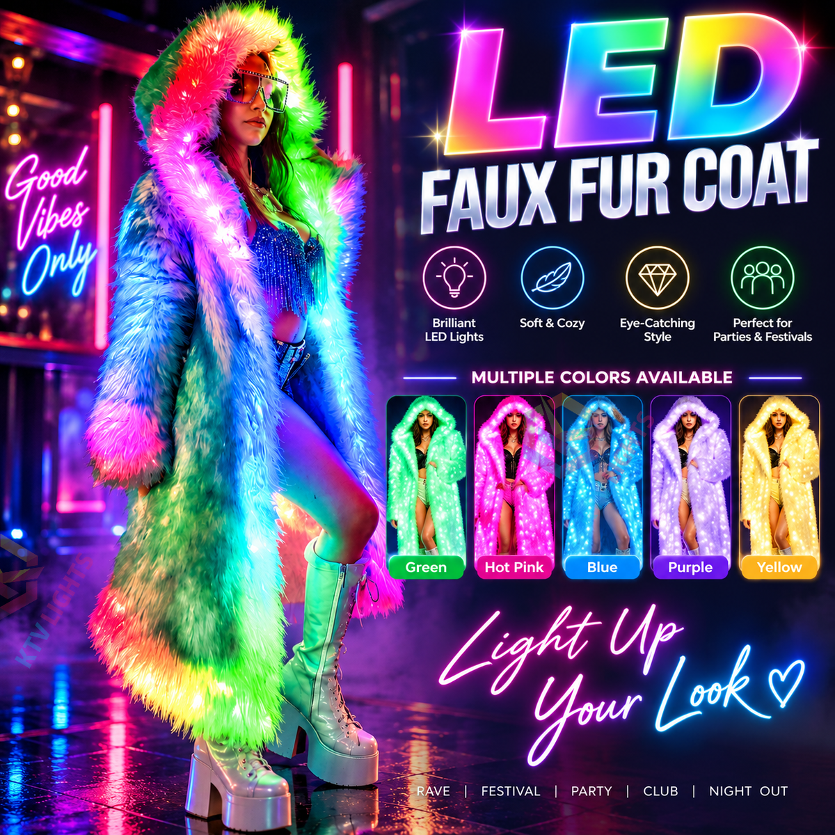 KTVLIGHTS LED Faux Fur Coat for Cosplay, Festivals & Parties-M60