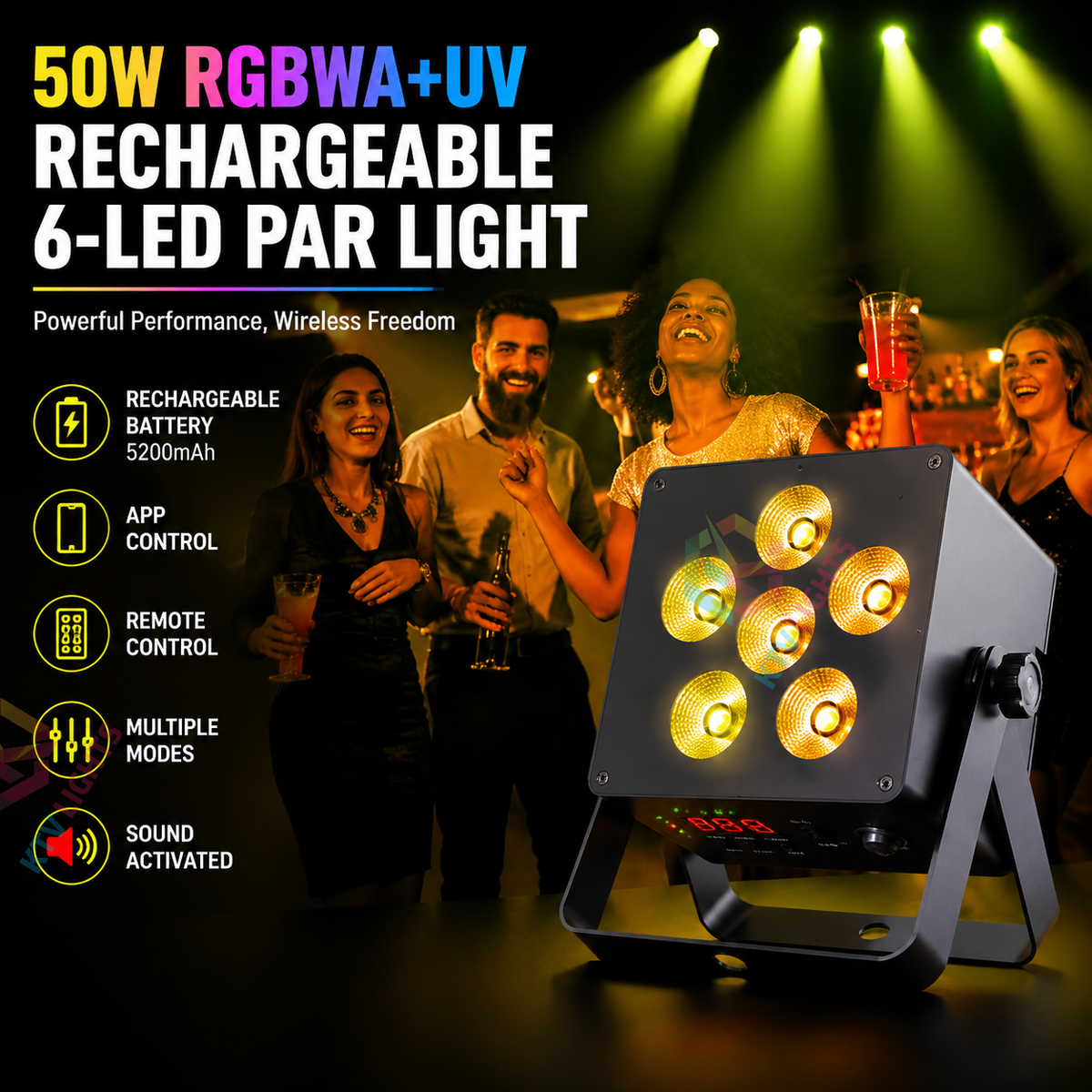 KTVLIGHTS 50W RGBW 6-in-1 Rechargeable Battery LED PAR Light-P49