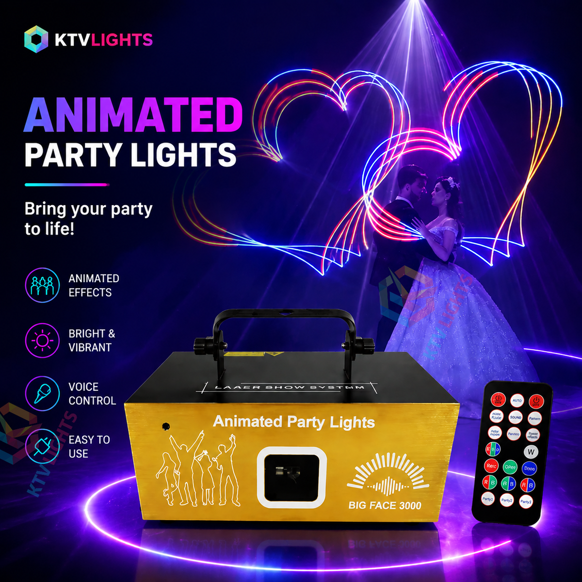 KTVLIGHTS 3W Sound-Activated Animation Laser Light for DJ Stages-A27