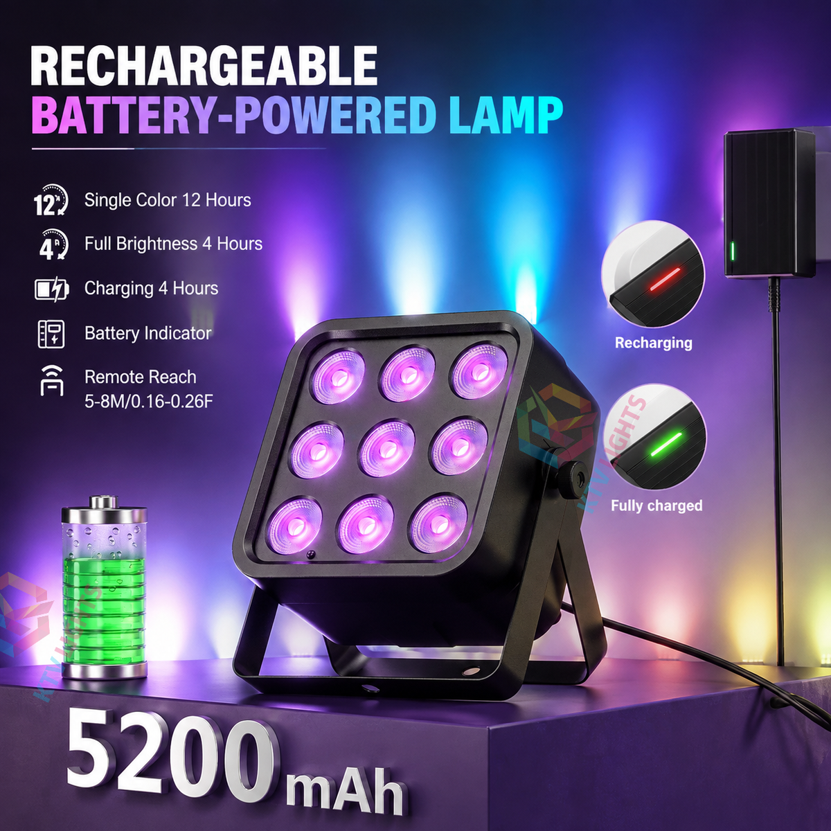 KTVLIGHTS 54W RGBWA+UV 6-in-1 DMX Rechargeable Stage Light-P25
