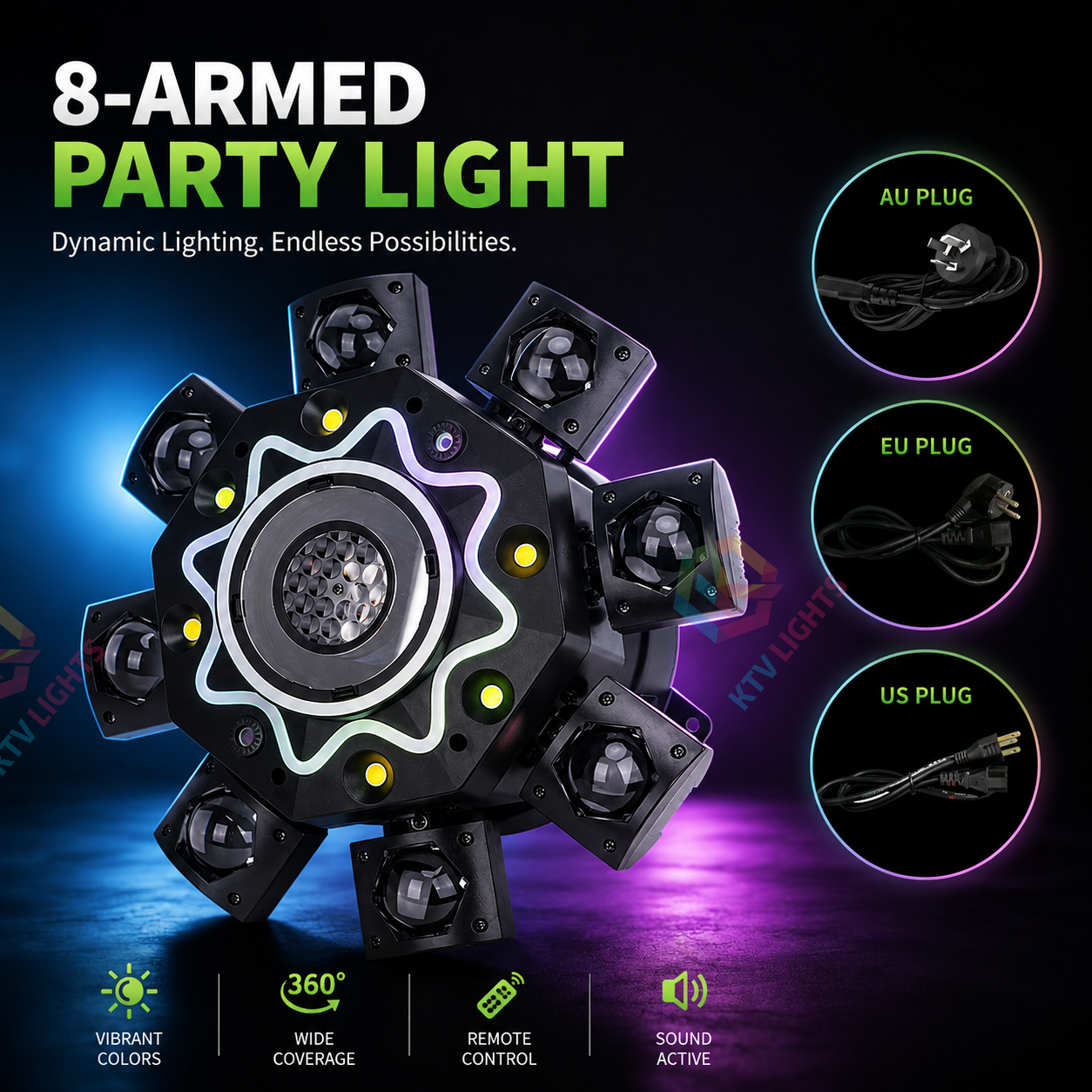 8-Arm LED Stage Light RGBW DJ Disco Moving Head Laser Party Light-E88