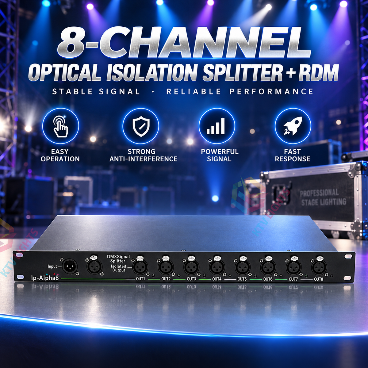 KTVLIGHTS 4/8-Way DMX512 Signal Amplifier & Stage Splitter-D11