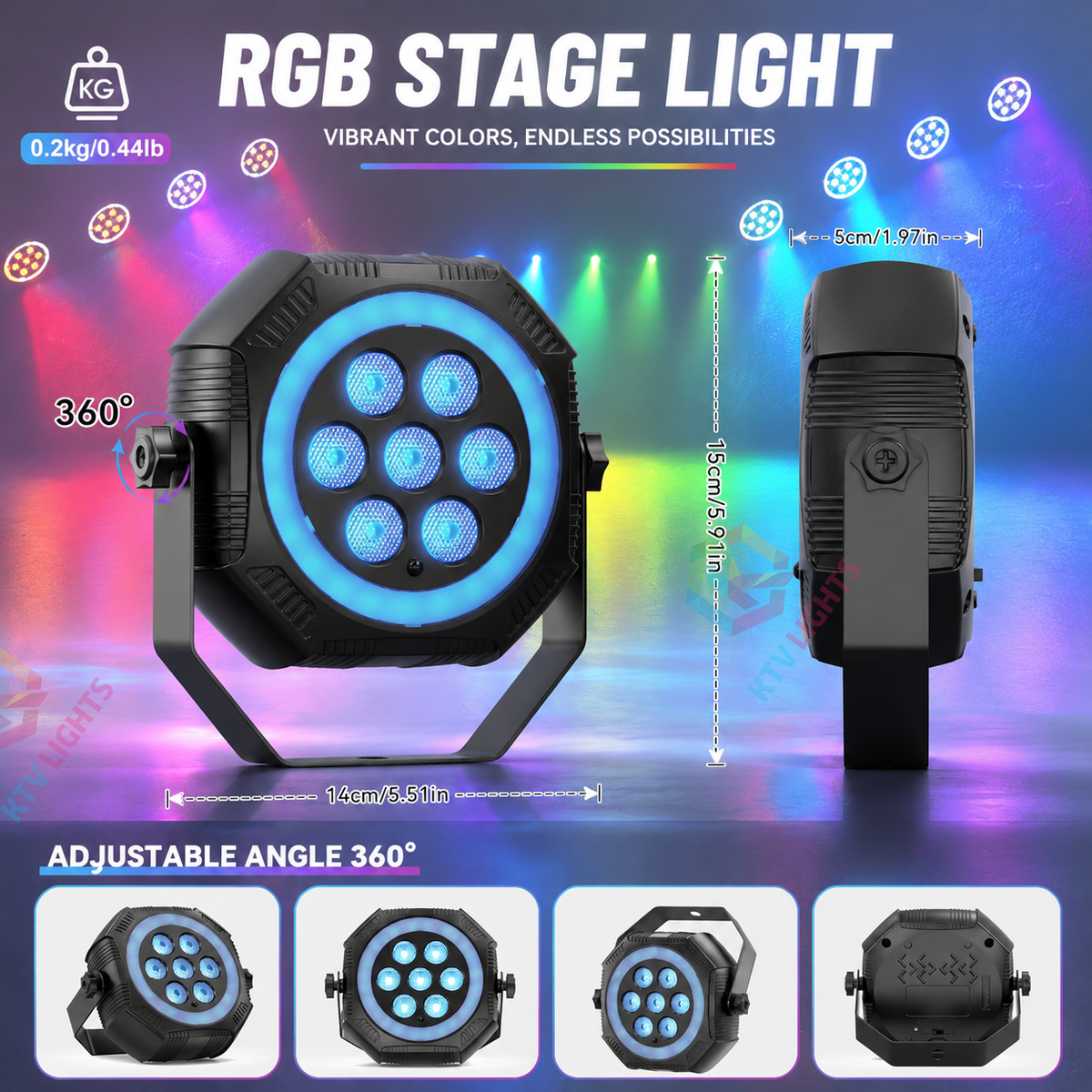 KTVLIGHTS 7-LED RGB Rechargeable PAR Stage Light-P48