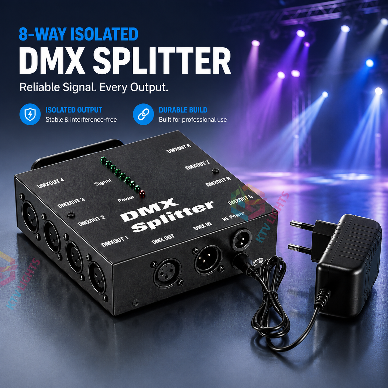 KTVLIGHTS 8-Way Isolated DMX512 Splitter Amplifier-D4