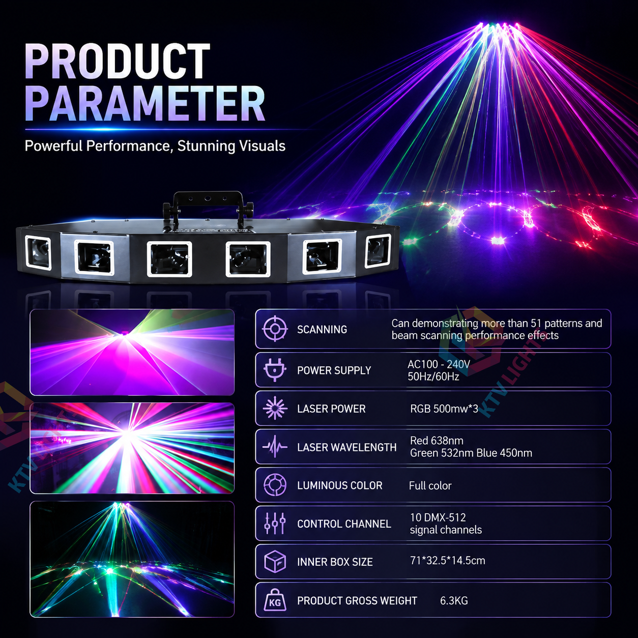 KTVLIGHTS 6-Hole RGB Scanning DMX Laser Stage Light for DJ Clubs-B26