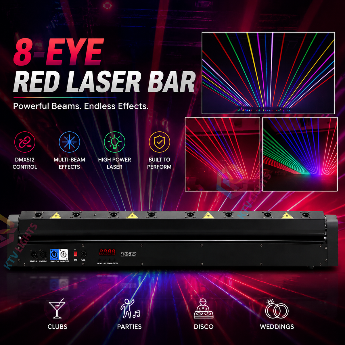 KTVLIGHTS 8-Hole Red Laser Light – DJ Stage Beam Effect Light – DMX512-B4