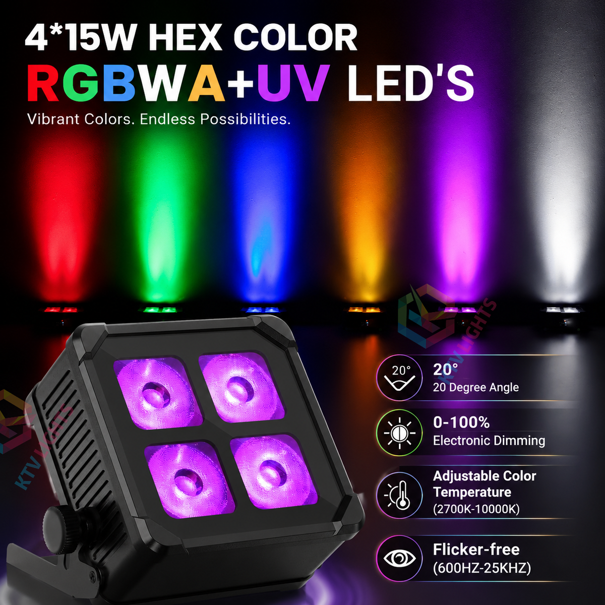 KTVLIGHTS 4x15W RGBW IP65 Battery-Powered LED PAR Light-P15