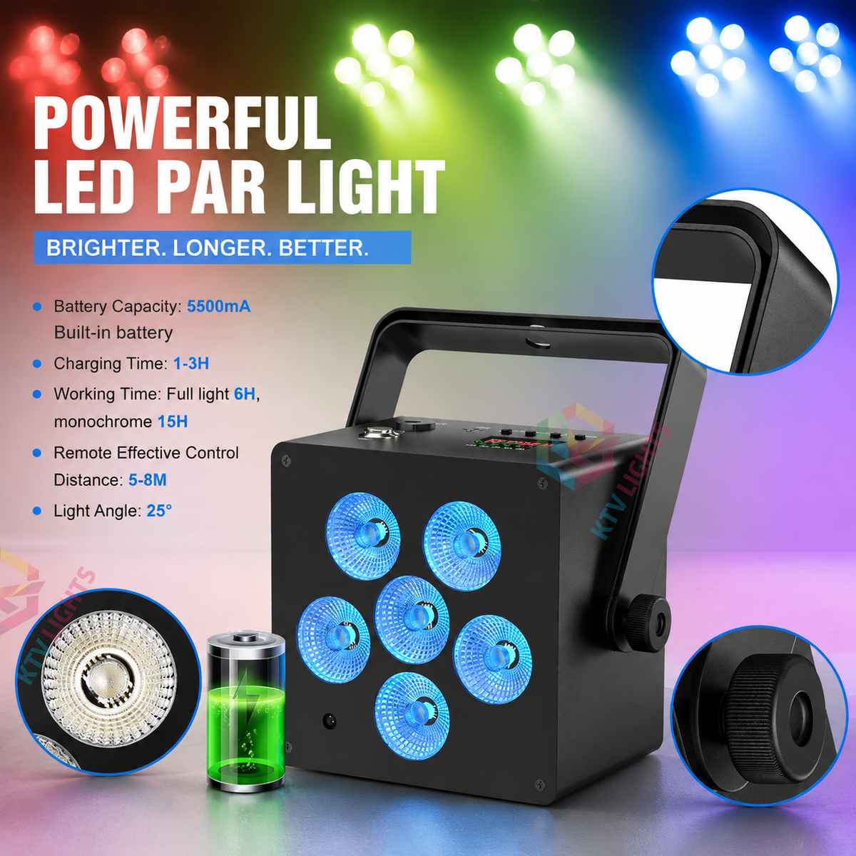 KTVLIGHTS 50W RGBW 6-in-1 Rechargeable Battery LED PAR Light-P49
