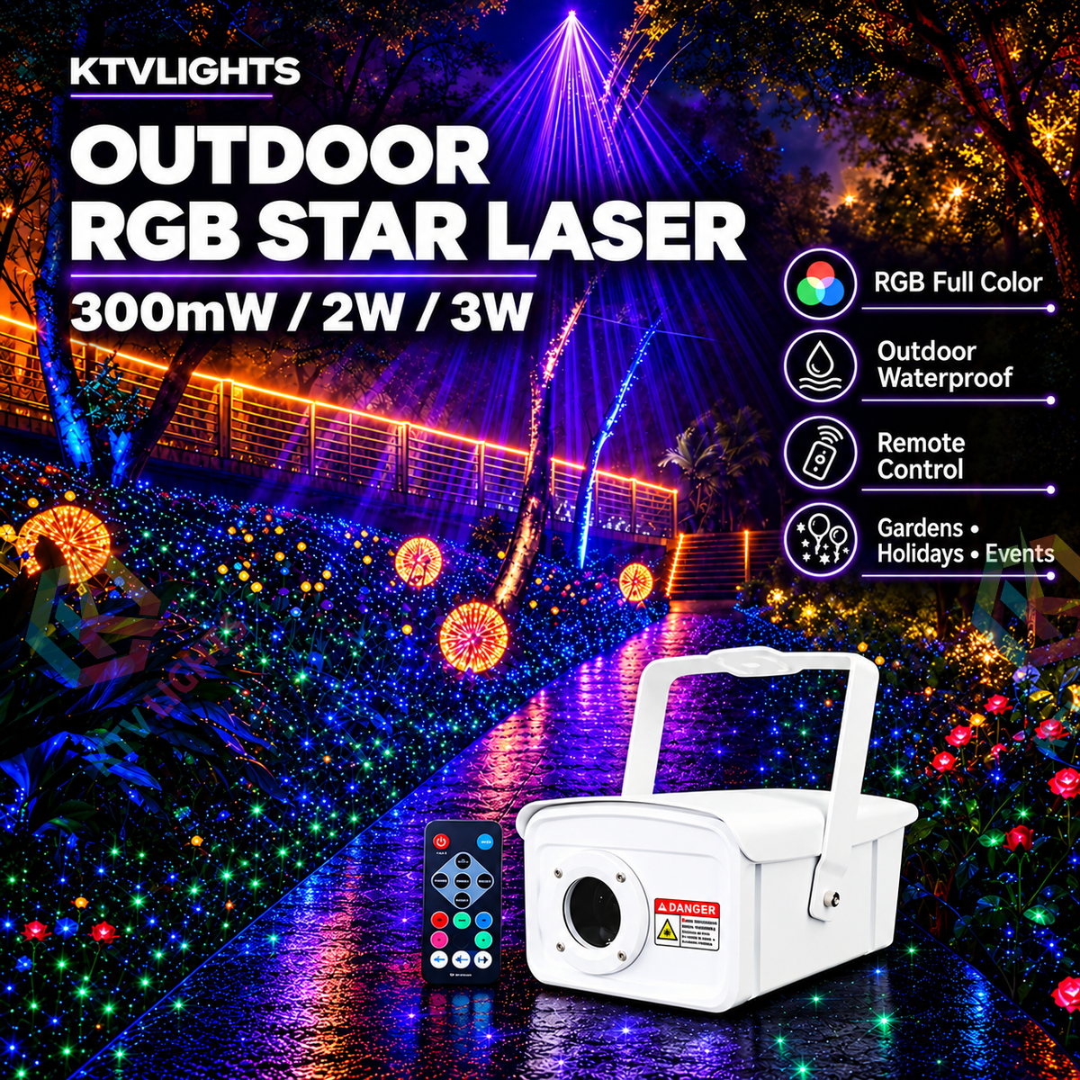 KTVLIGHTS RGB Outdoor Star Laser Projector with Remote -S67