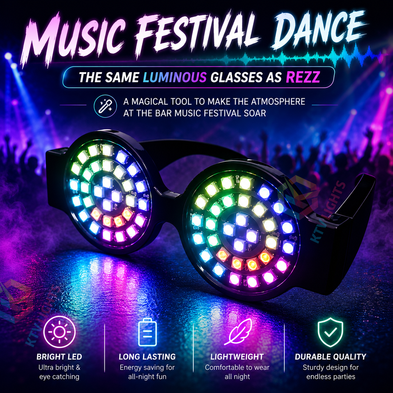 KTVLIGHTS REZZ Style LED Goggles for Rave Parties & DJ Shows-M57