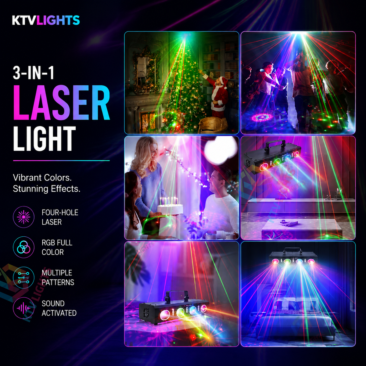 KTVLIGHTS 3-in-1 4-Aperture DJ Laser Stage Light for Nightclubs and Parties - B35
