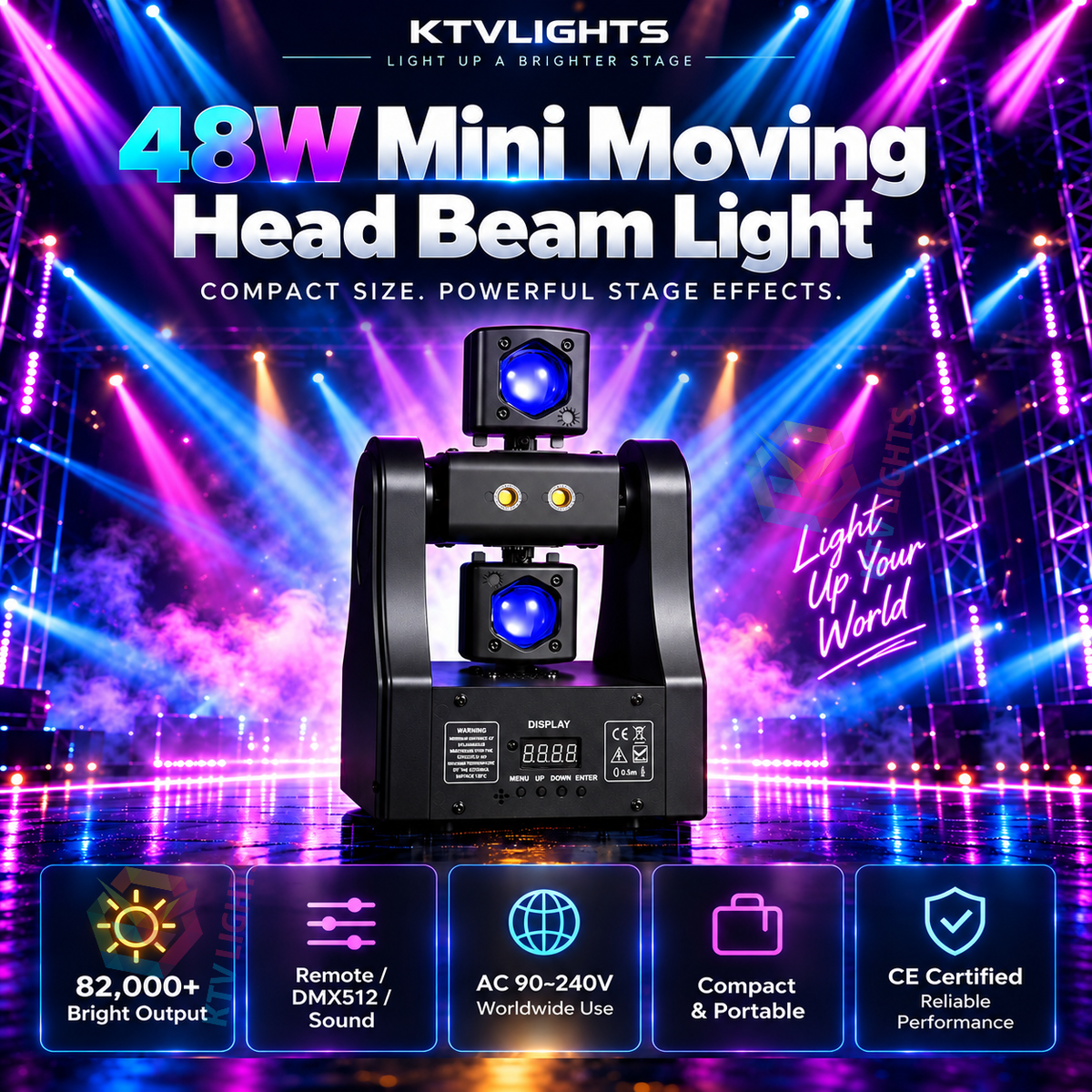 KTVLIGHTS 36W/48W Mini Moving Head Beam Light DMX512 Remote-E101