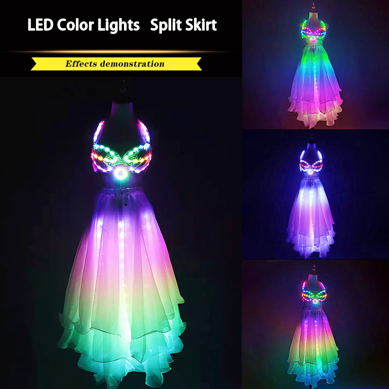 LED Color Lights Women Belly Dance Split Skirt Sexy-M40