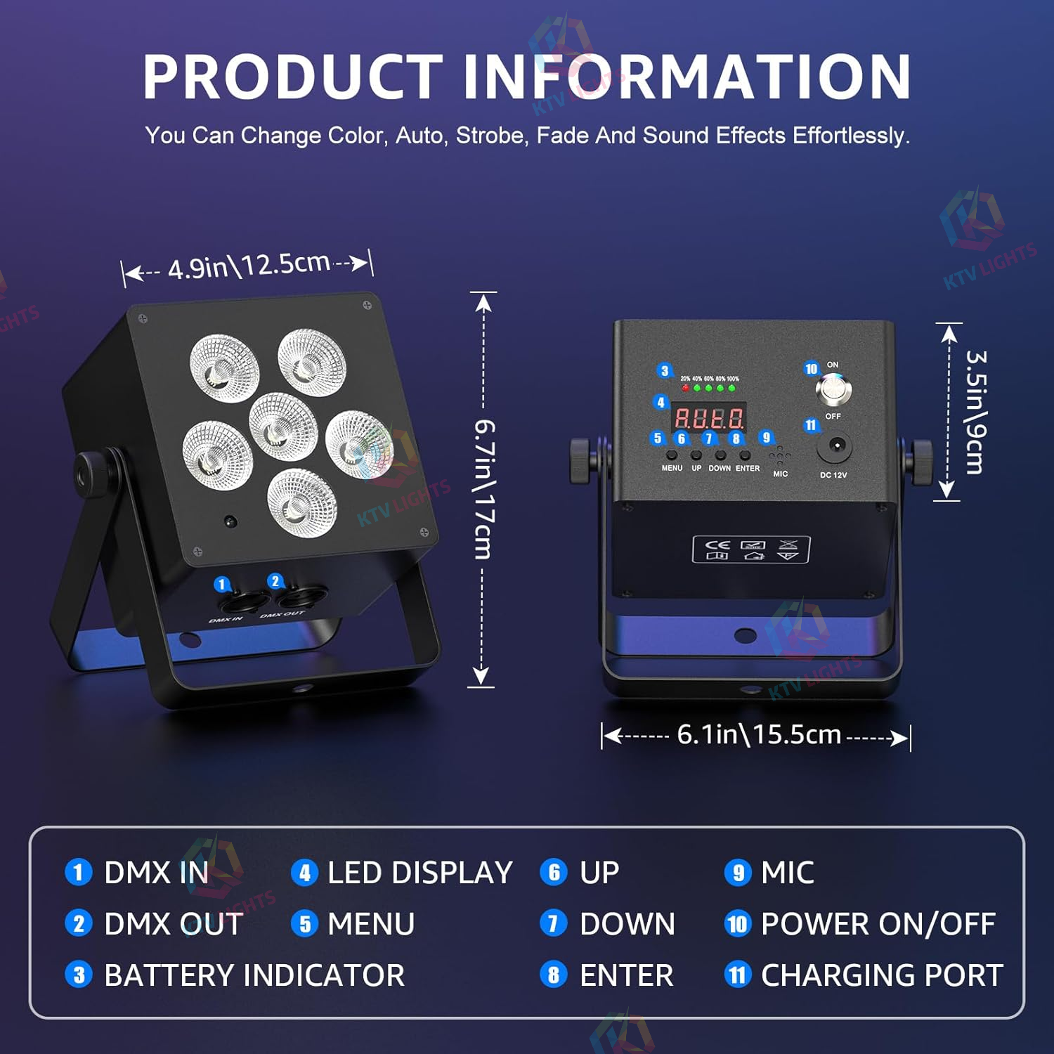 60W LED RGBWA+UV DMX Voice-Activated Rechargeable PAR Lamp - P72