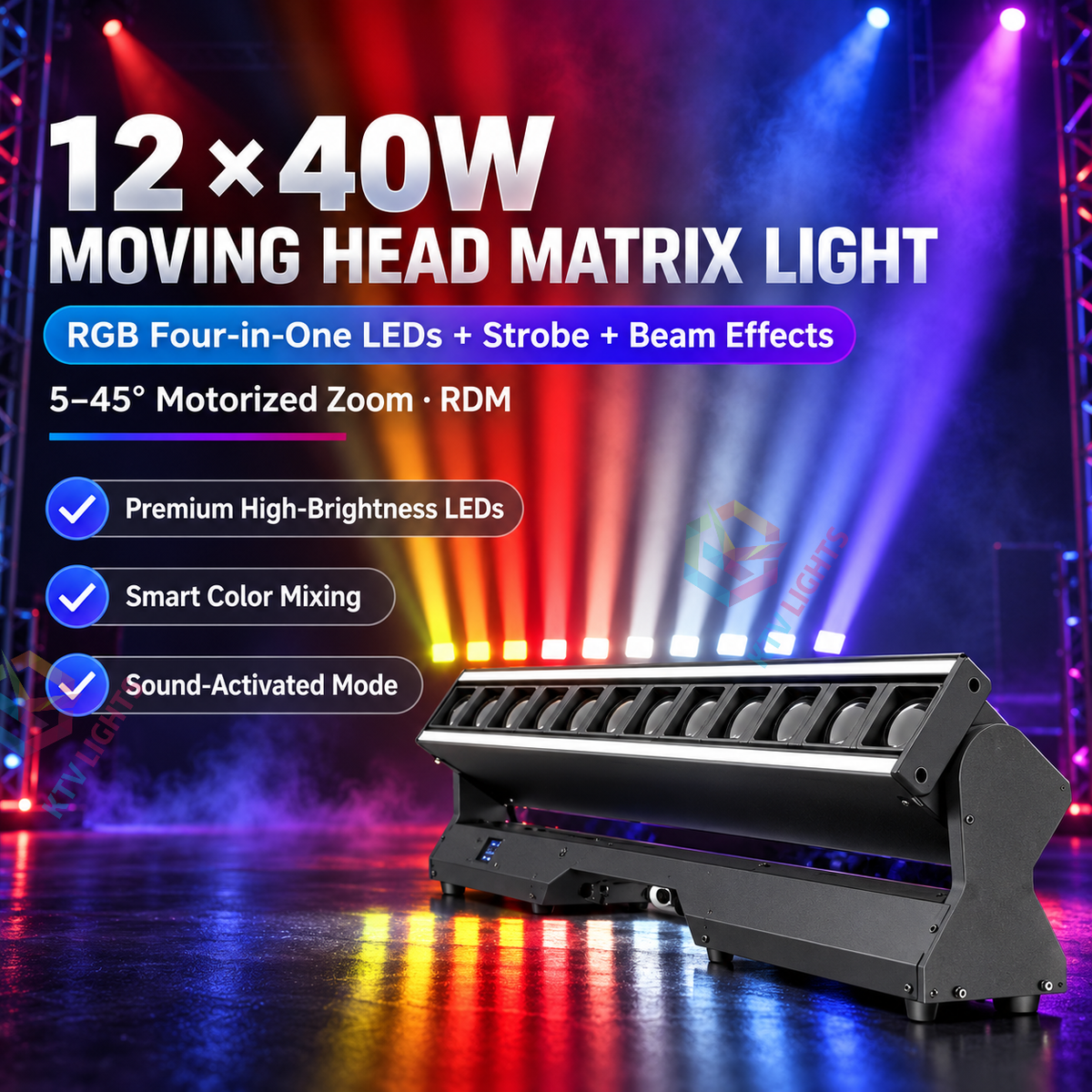KTVLIGHTS 12x40W Zoom Moving Head Matrix Stage Light-E98