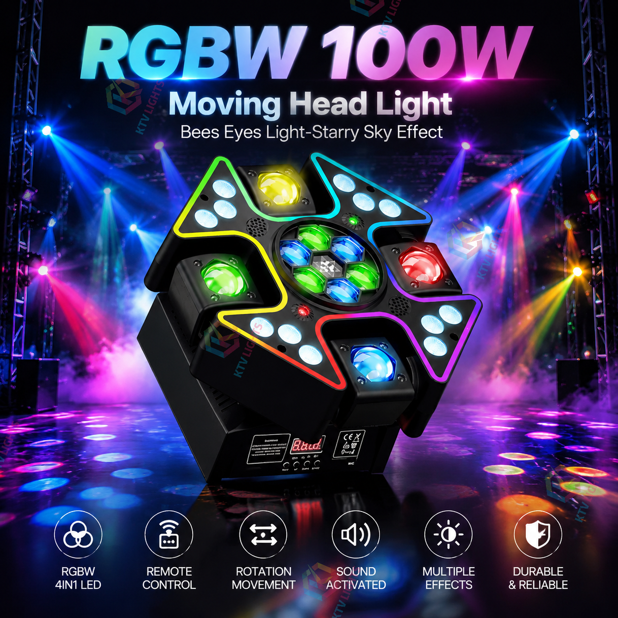 4-Arm RGBW Beam Moving Head DJ Stage Light DMX Party- E79