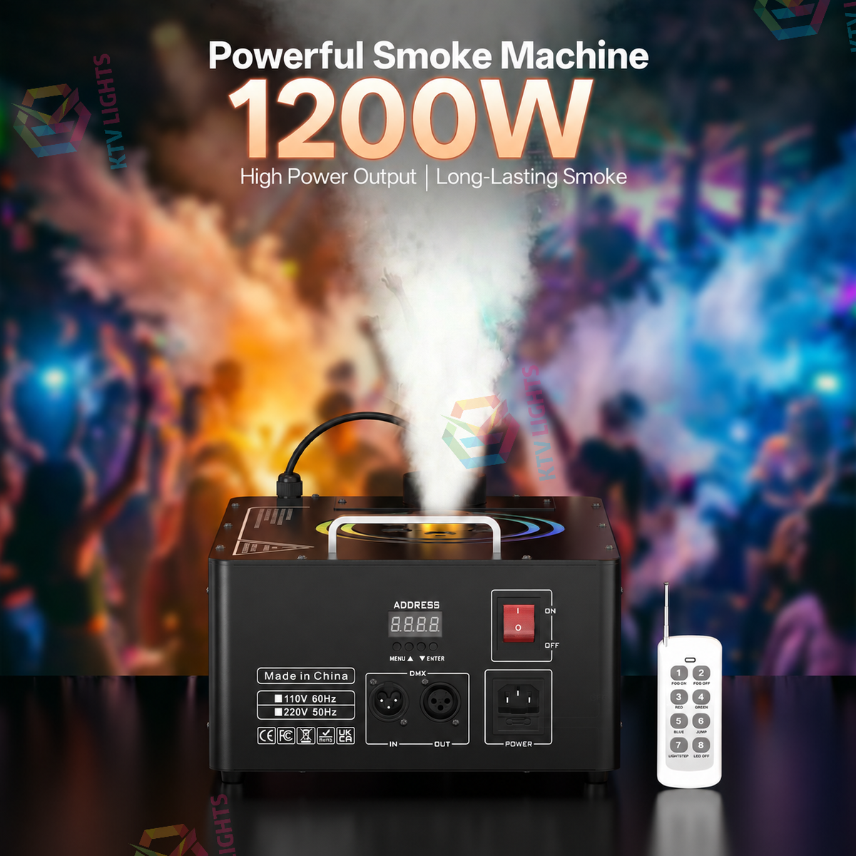 KTVLIGHTS 1200W RGB Vertical Fog Machine, 3000 CFM, 1L Tank-Y18
