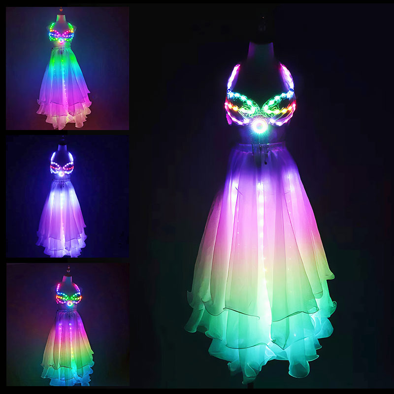 LED Color Lights Women Belly Dance Split Skirt Sexy-M40