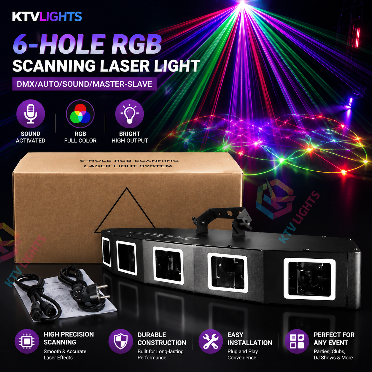 KTVLIGHTS 6-Hole RGB Scanning DMX Laser Stage Light for DJ Clubs-B26