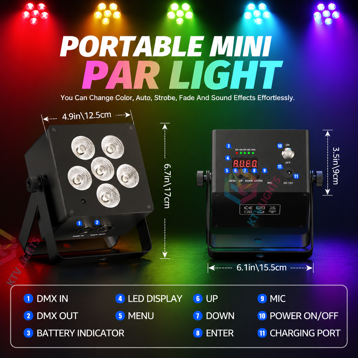 KTVLIGHTS 50W RGBW 6-in-1 Rechargeable Battery LED PAR Light-P49