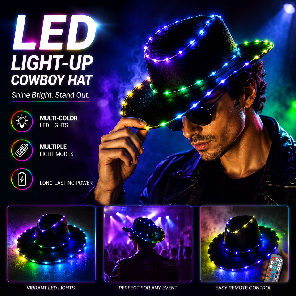 KTVLIGHTS LED Light Up Hat for Party, Rave & Festival Events-M6