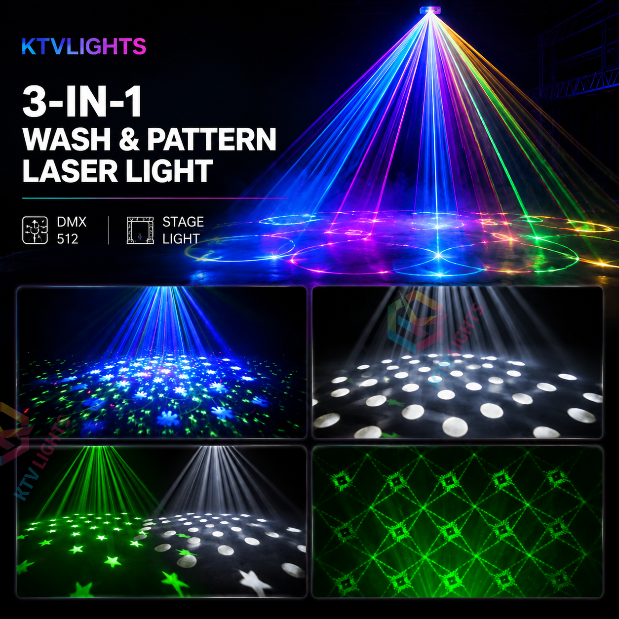 KTVLIGHTS 3-in-1 Wash Pattern Laser Light for DJ Stage Effects-B41