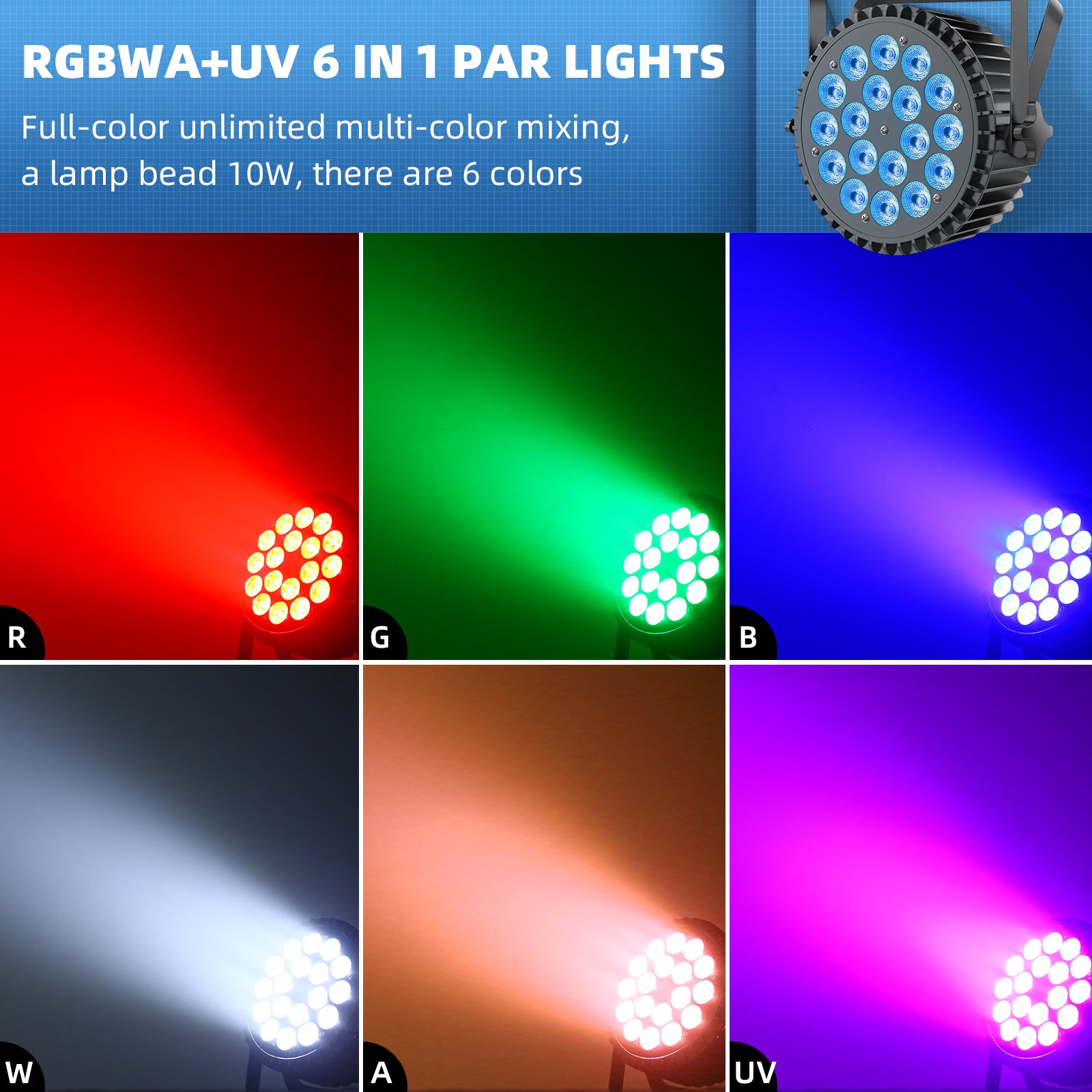 6-in-1 RGBW + UV 18-LED par light-P22