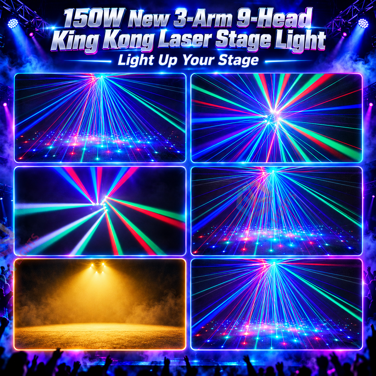 KTVLIGHTS 150W 3-Arm 9-Head RGB Laser Stage Light DMX512-E113