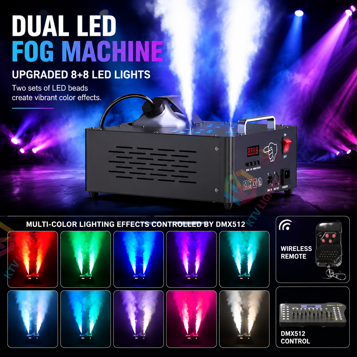KTVLIGHTS 2000W Dual-Tube Adjustable LED RGB Smoke Machine-Y11