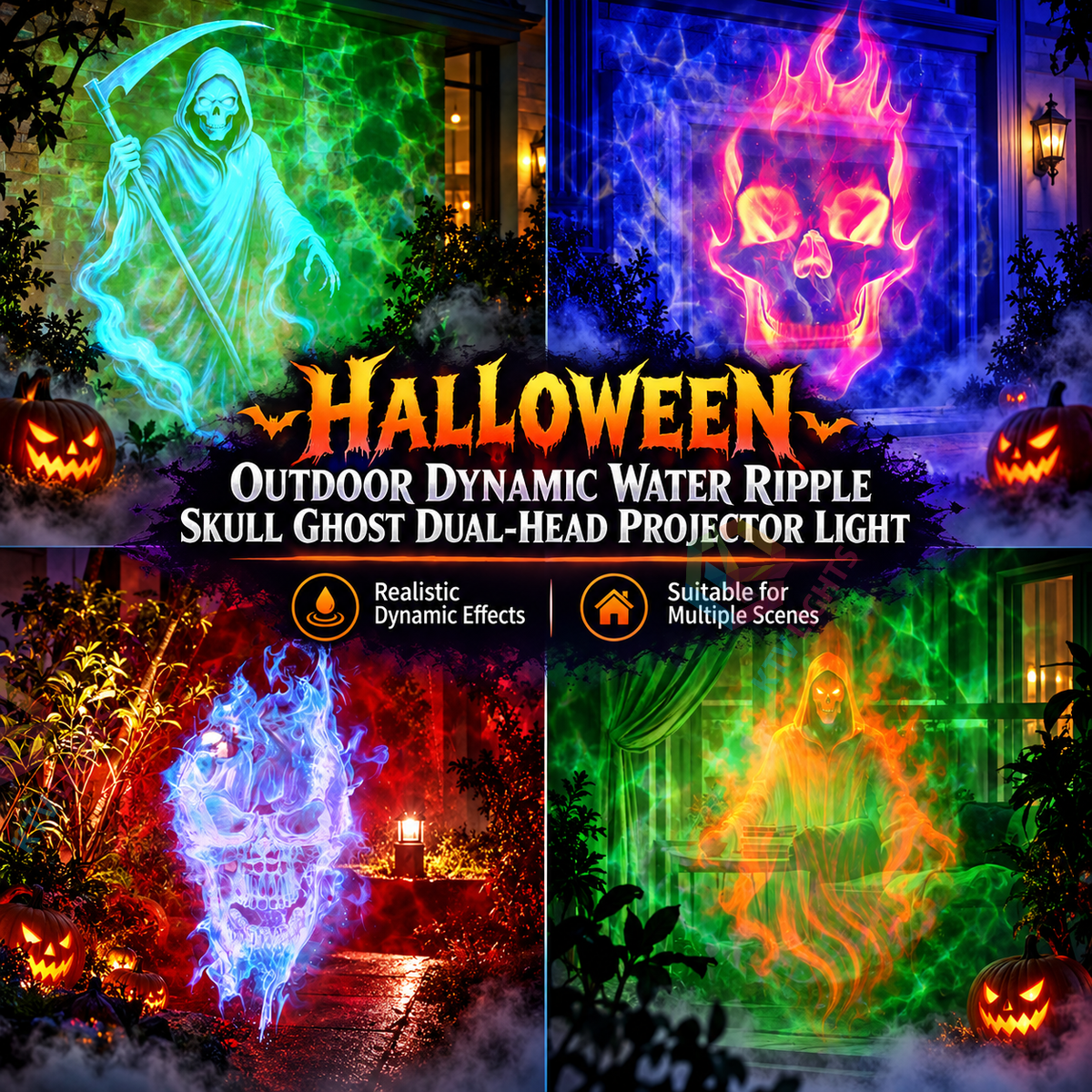 KTVLIGHTS Halloween Outdoor Dual-Head Skull Ghost Water Ripple Projector-S63