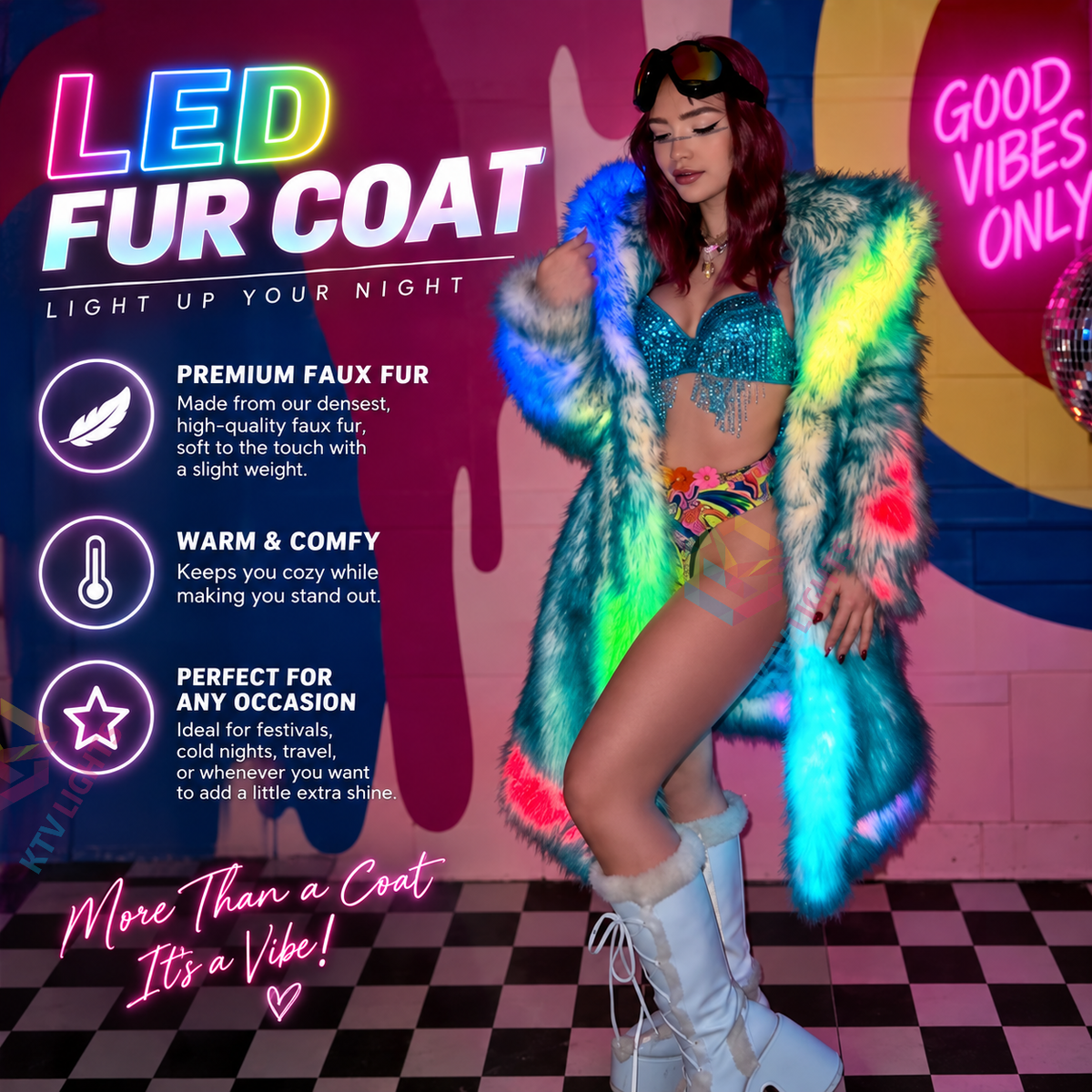 KTVLIGHTS LED Faux Fur Coat for Cosplay, Festivals & Parties-M60
