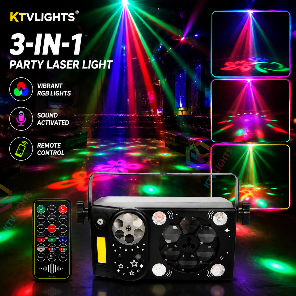 KTVLIGHTS 7-in-1 Party Laser Light – DJ RGB Stage Effect Disco Light-C11