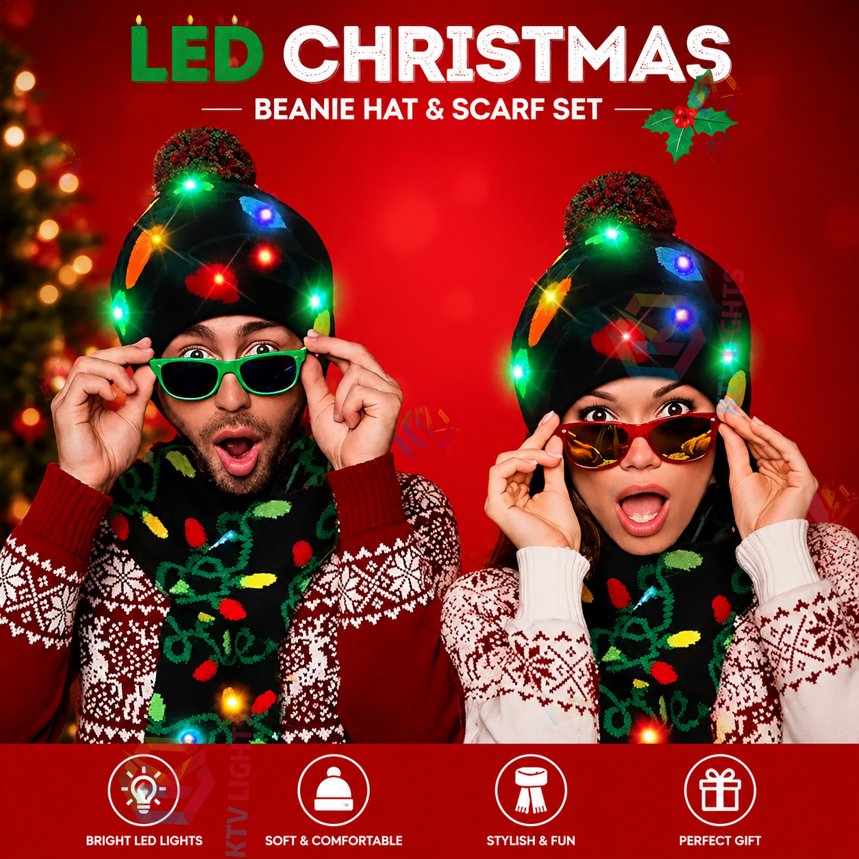 KTVLIGHTS Light Up Christmas Hat & Scarf For Holiday Fun-M35
