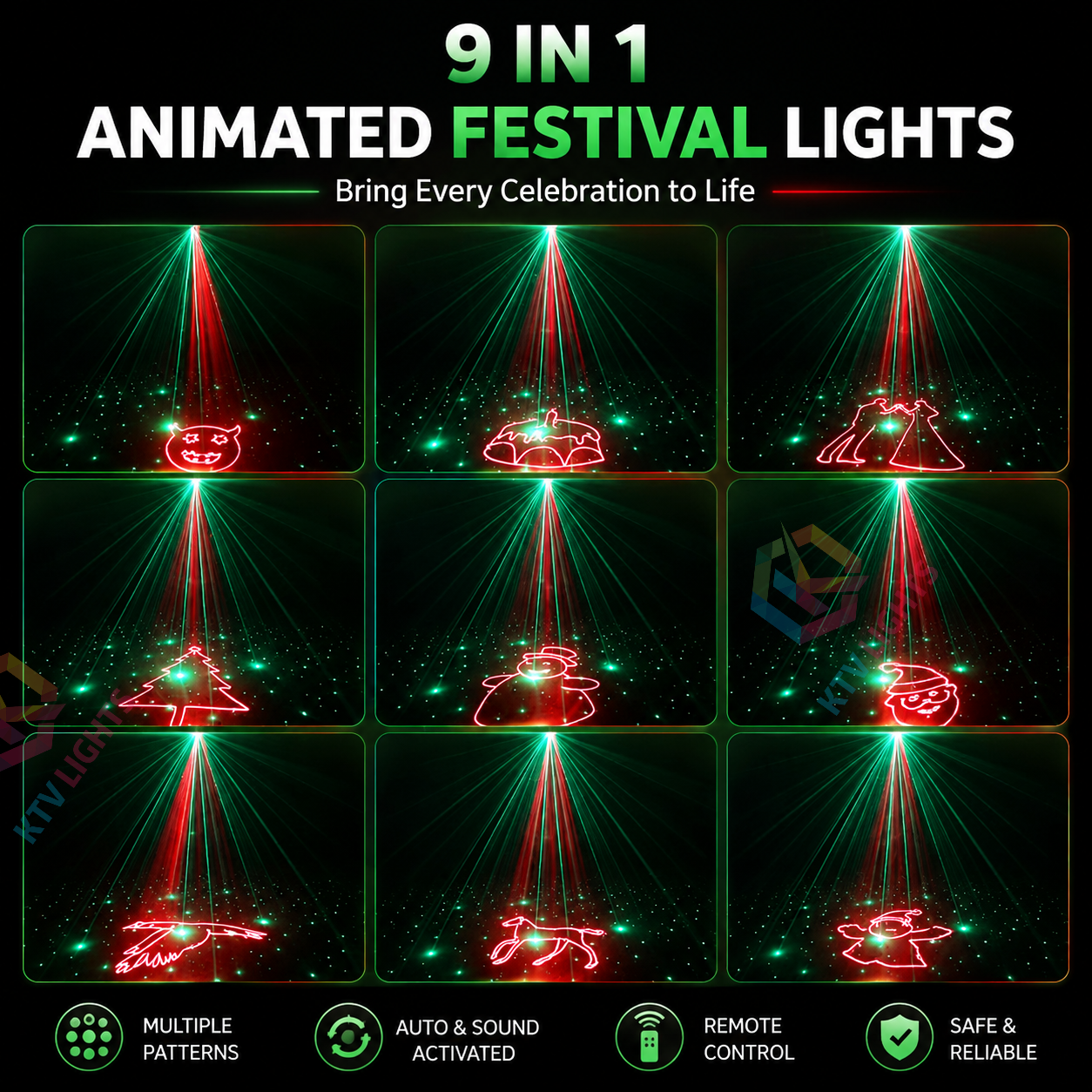 KTVLIGHTS 500mW/1W 9-in-1 Holiday Animation Laser Stage Light-A15