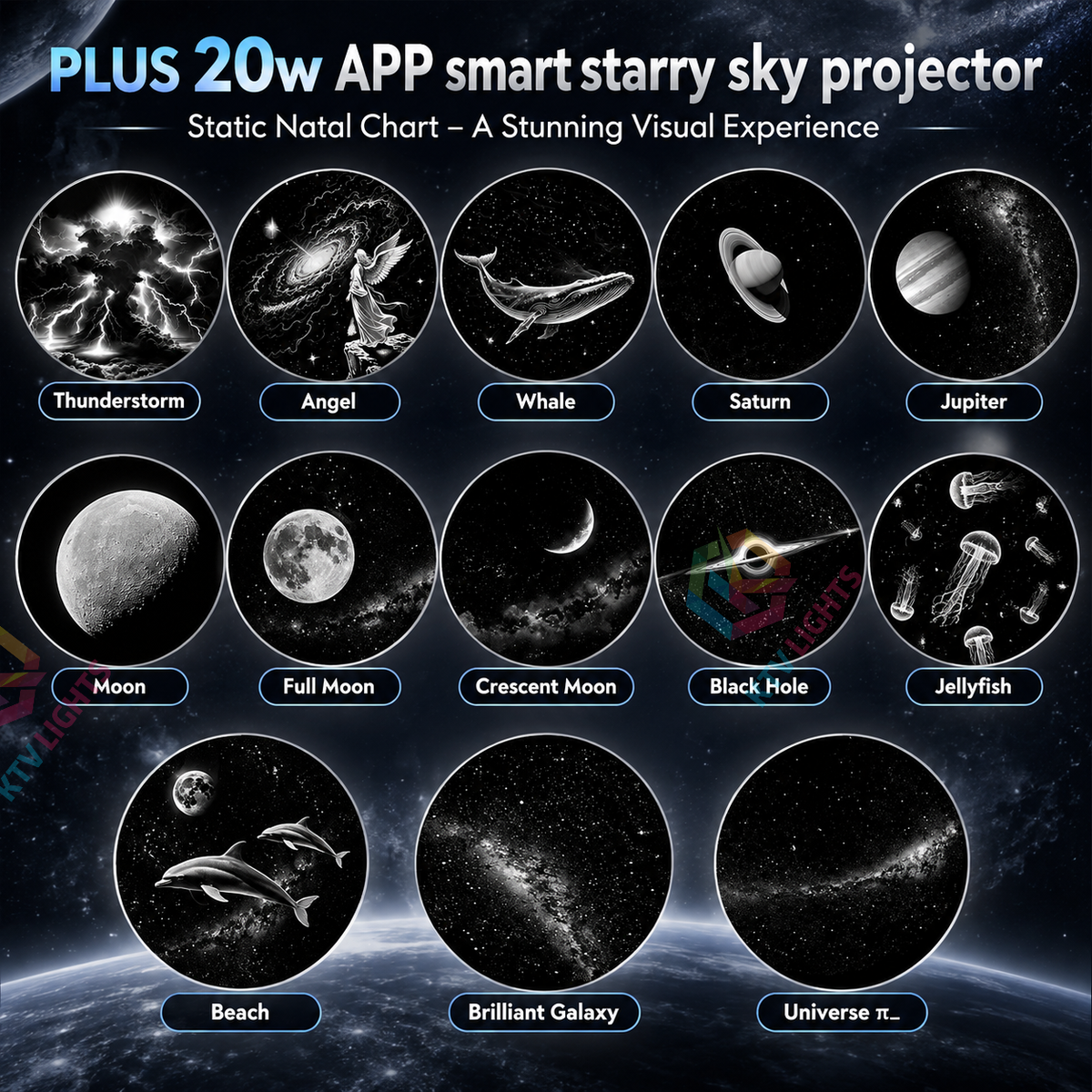 KTVLIGHTS 20W APP Smart Star Galaxy Projector with Dynamic Effects-S61