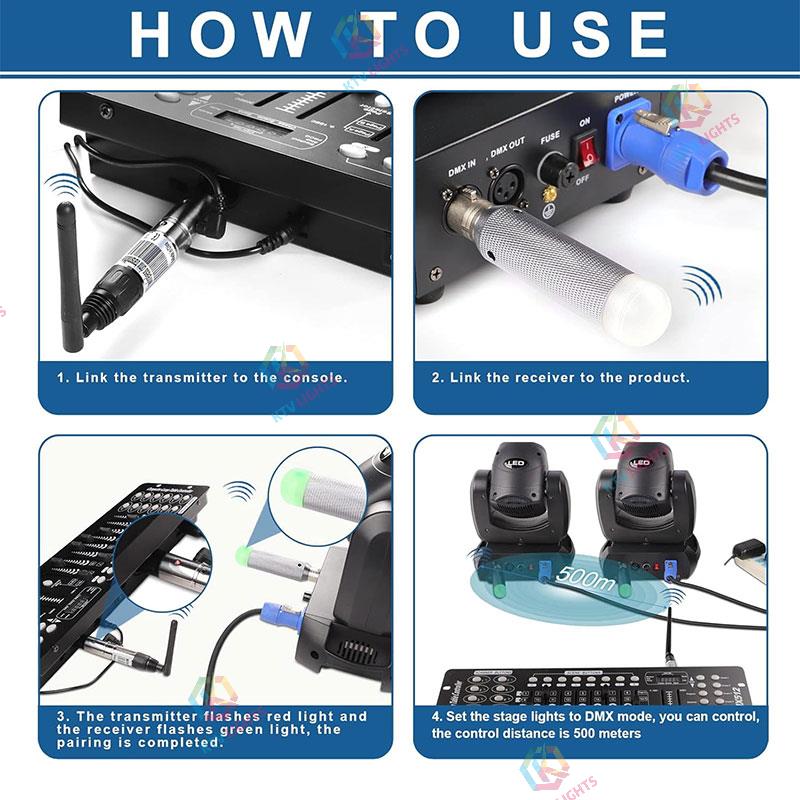 DMX Wireless 4Pcs, 3 Pcs Rechargeable Receivers and 1 Pcs 2.4G DMX 512 Transmitter