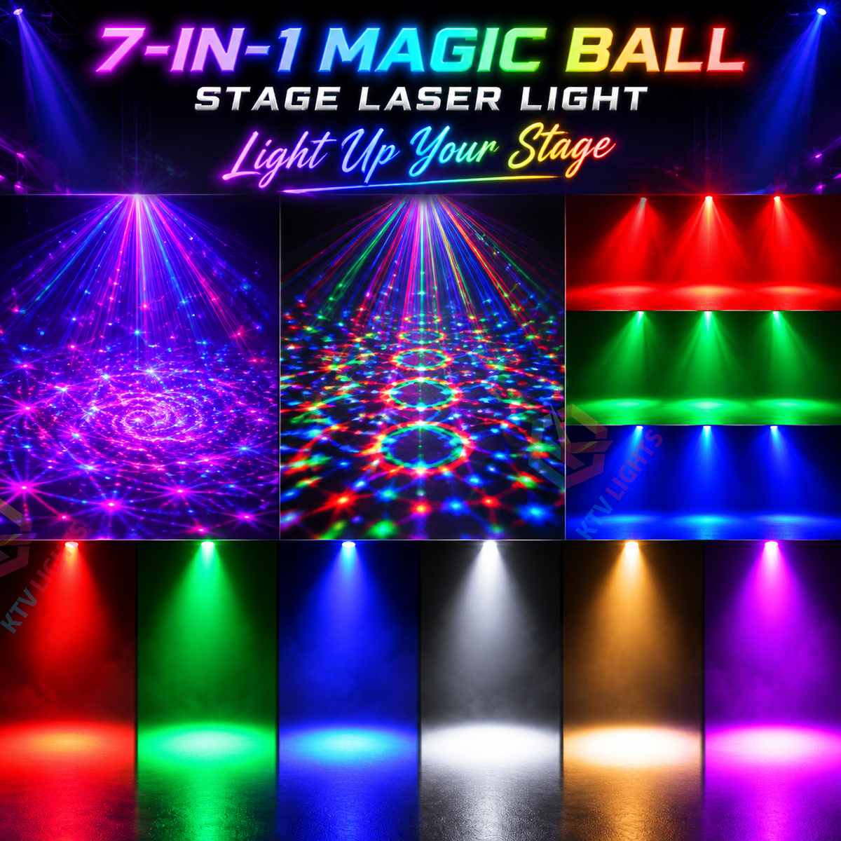 KTVLIGHTS 7-in-1 Mini Magic Ball Stage Laser Light RGB UV Strobe-B61