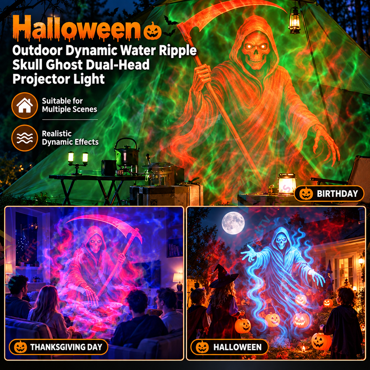 KTVLIGHTS Halloween Outdoor Dual-Head Skull Ghost Water Ripple Projector-S63