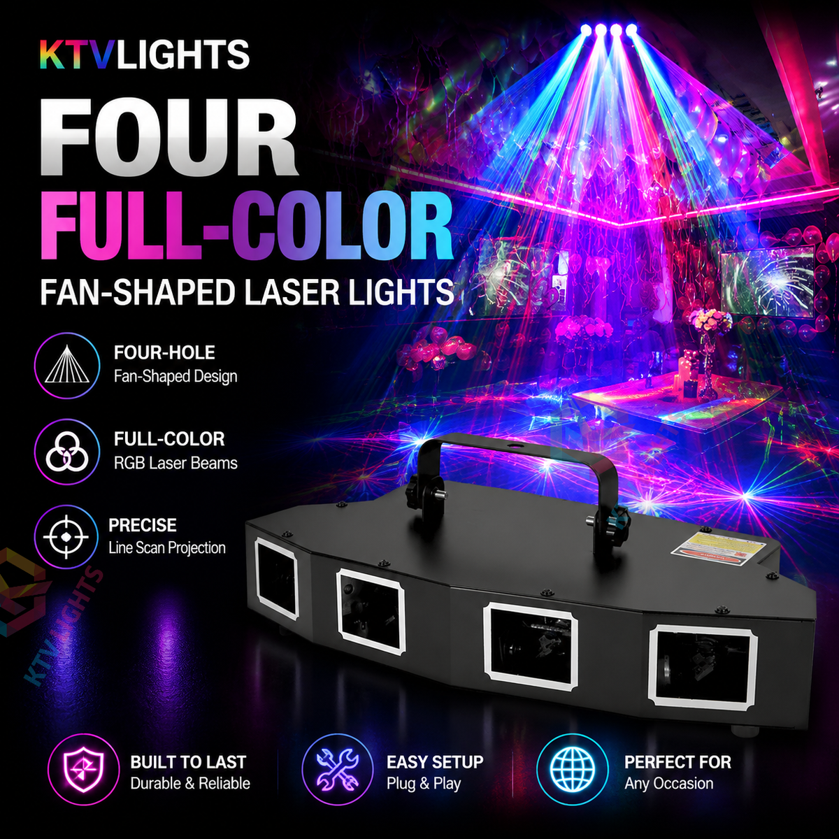KTVLIGHTS 4-Aperture RGB Line-Scan DMX Laser Stage Light for DJ Clubs-B25