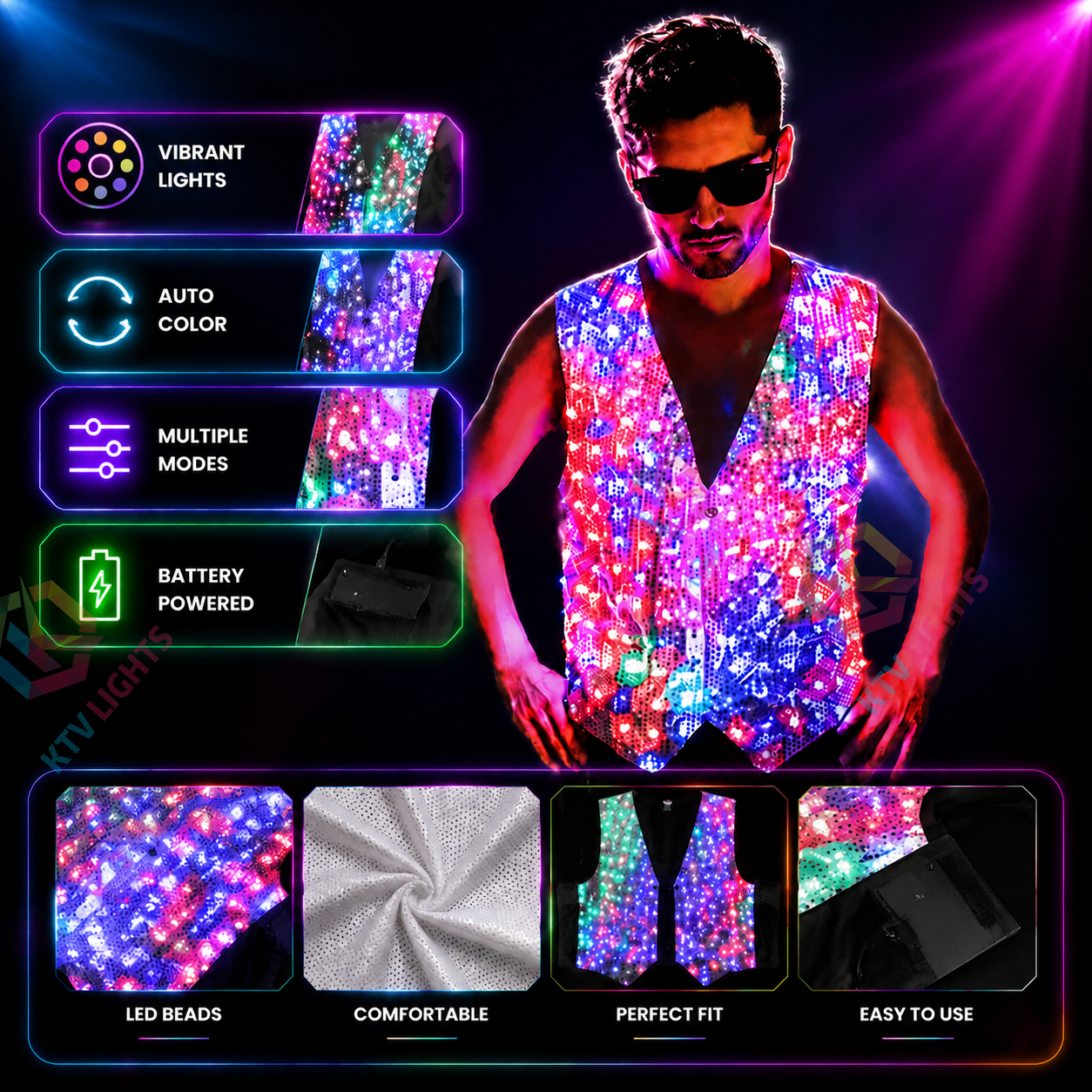 KTVLIGHTS Colorful LED Vest for Rave Parties & Festivals-M5