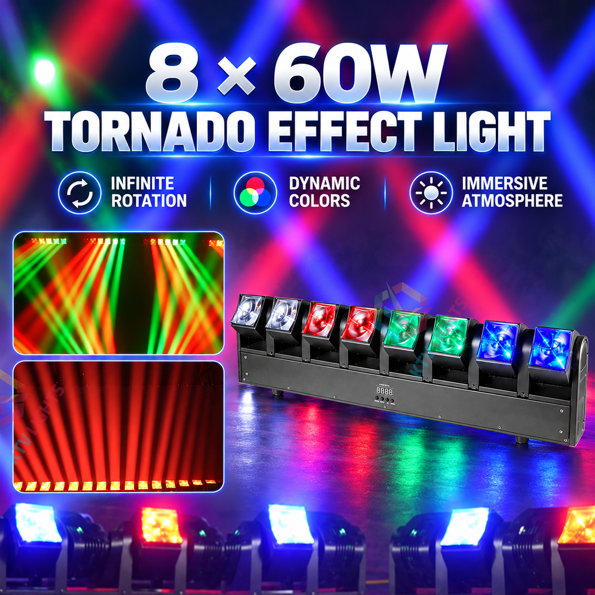 KTVLIGHTS 8x60W RGBW Tornado Moving Head Beam Bar Stage Light - DMX512-E106