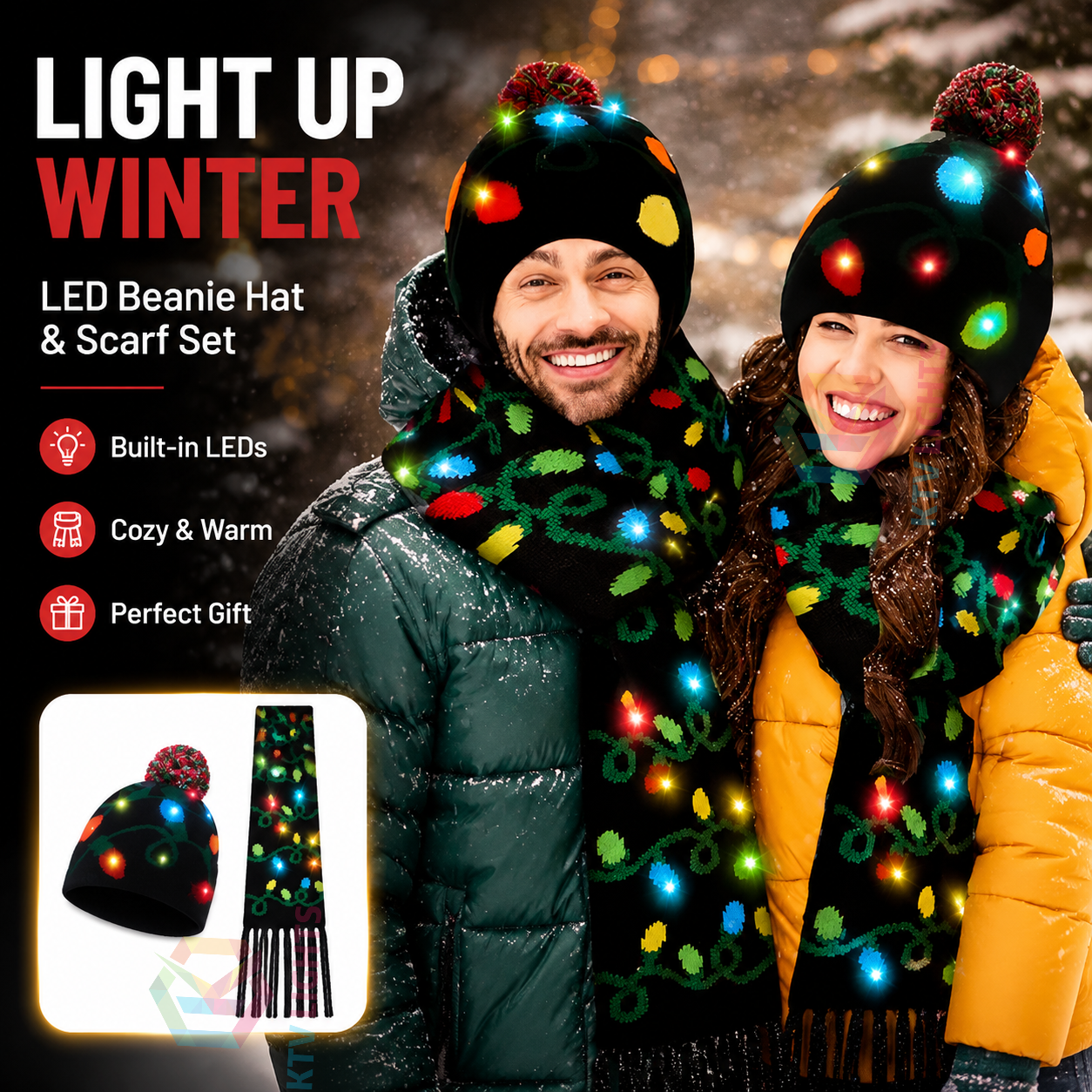 KTVLIGHTS Light Up Christmas Hat & Scarf For Holiday Fun-M35
