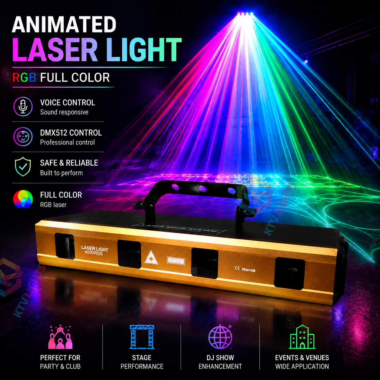 KTVLIGHTS RGB animation laser light suitable for DJ stages and party performances.-A22