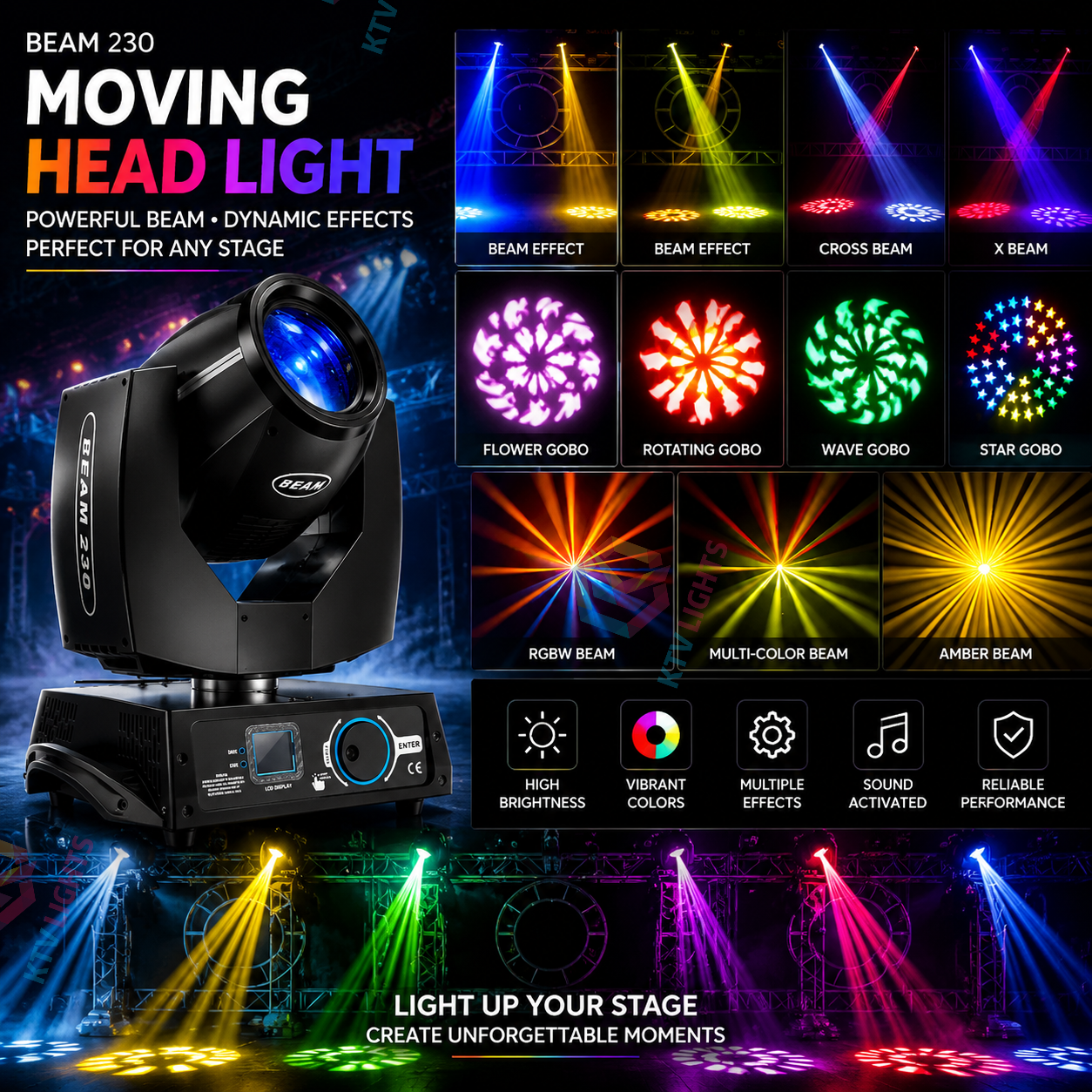 KTVLIGHTS 6 230W 7R Beam Moving Head Light for DJ Stage & Events - E42