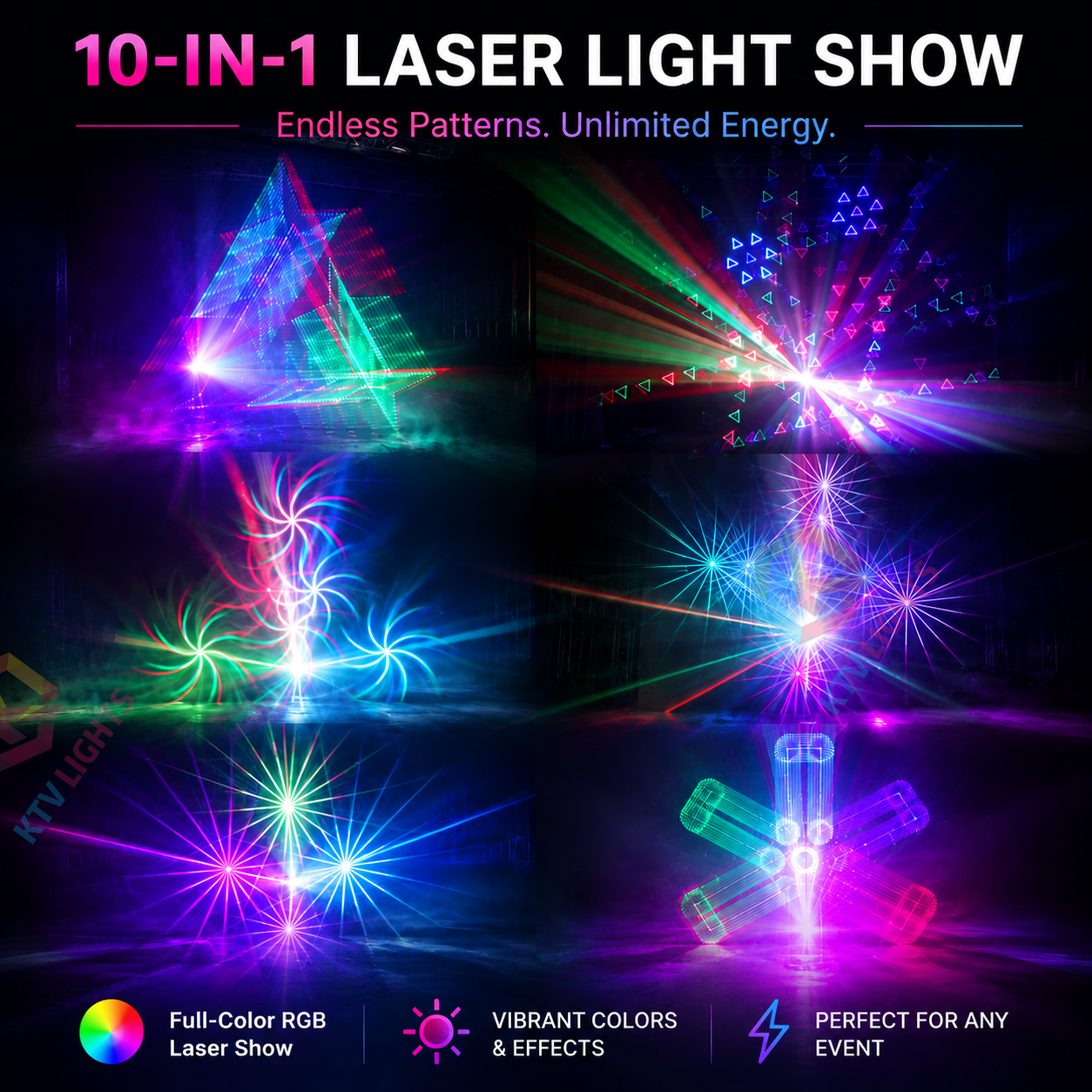 KTVLIGHTS RGB 3D Laser Stage Light 10-in-1 DJ Party Projector-A18