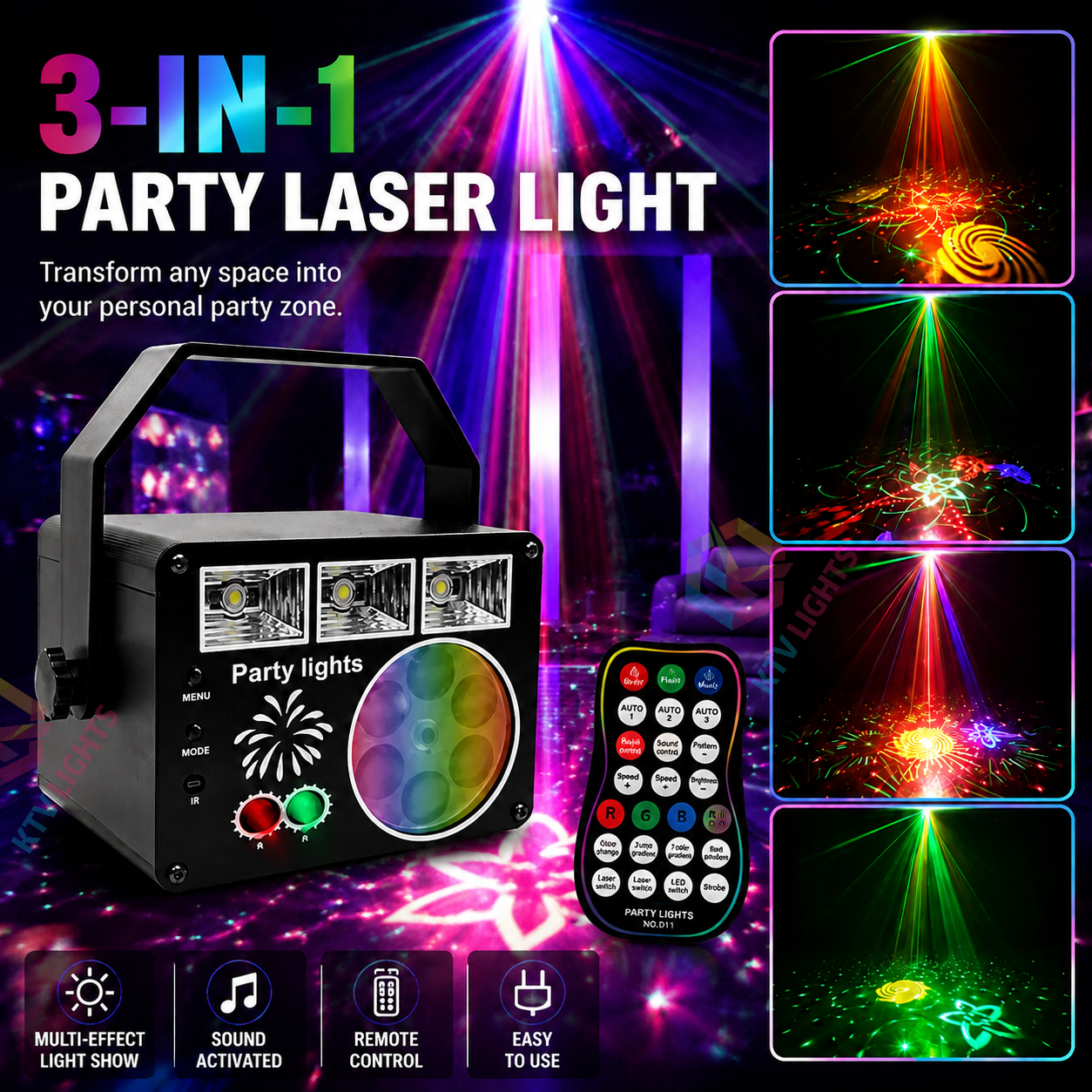 KTVLIGHTS 7-in-1 Party Laser Light – DJ RGB Stage Effect Disco Light-C11