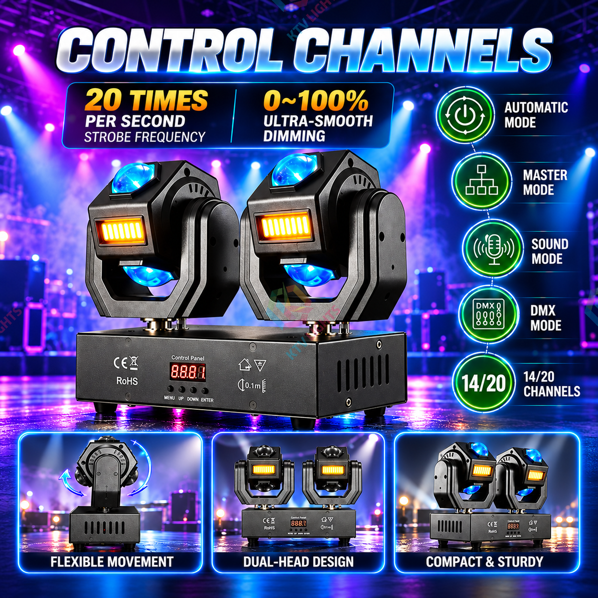 KTVLIGHTS Dual Head Moving Beam Strobe DJ Stage Light-E116