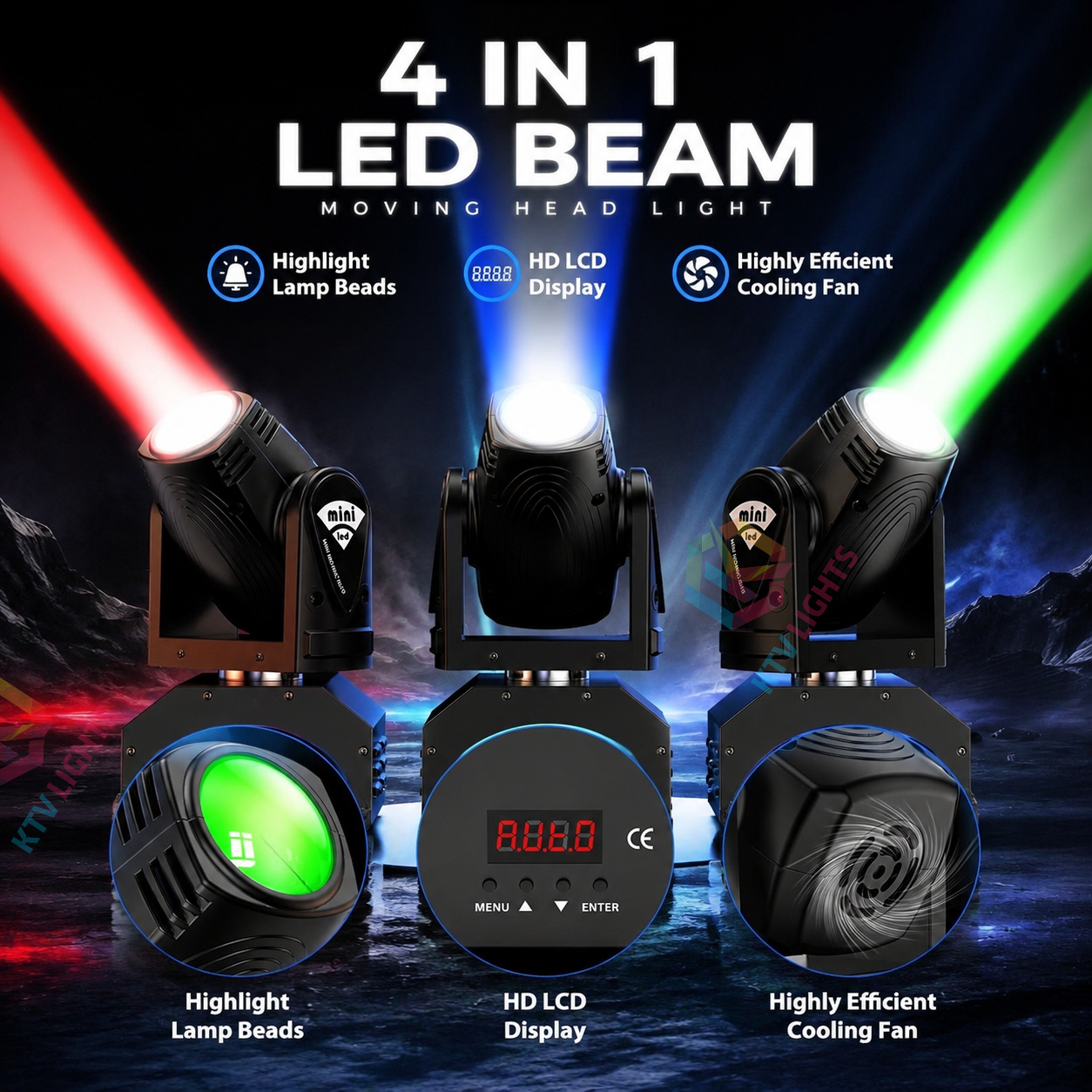 KTVLIGHTS RGBW 4-in-1 LED Beam Moving Head Light DJ Stage Lighting-E20