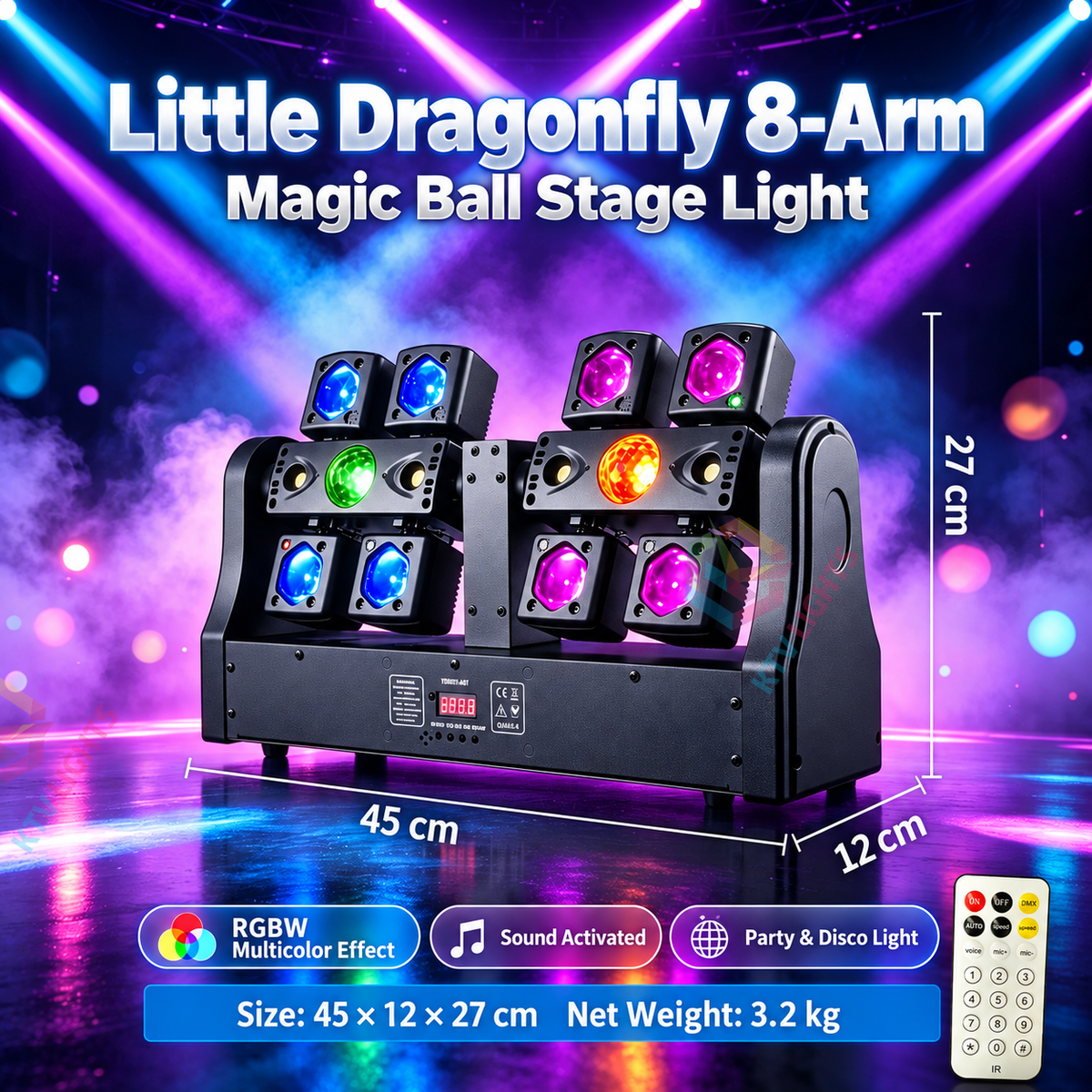 KTVLIGHTS 150W 8-Arm 4-in-1 RGBW Laser Moving Head Stage Light DMX512-E100
